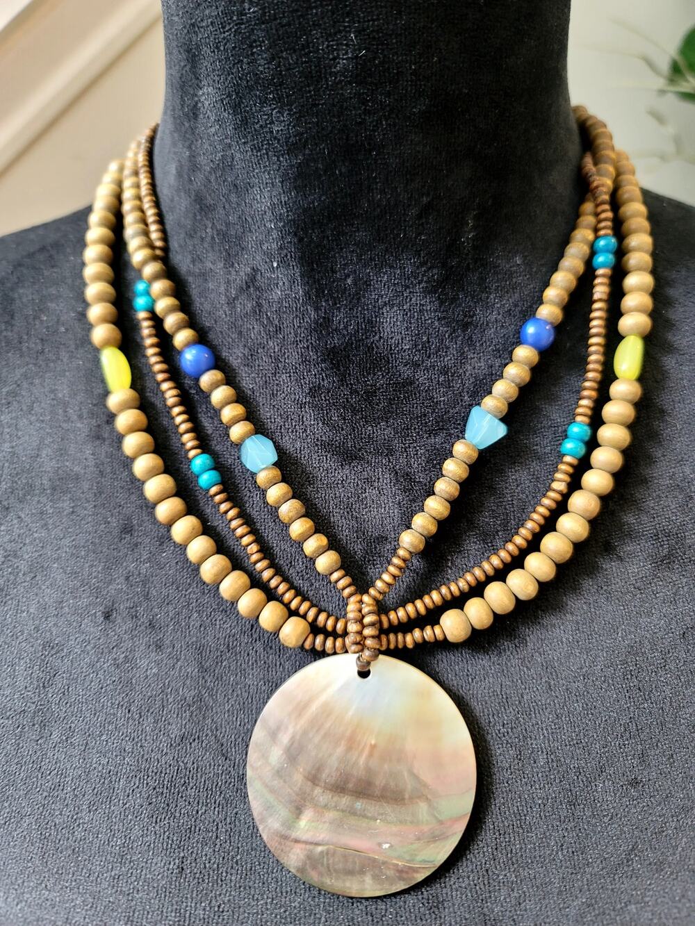 Wood Bead Multicolor Multi Strand Shell Pendant Statement Necklace